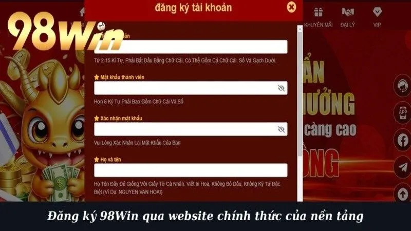 Đăng ký 98Win qua website chính thức của nền tảng