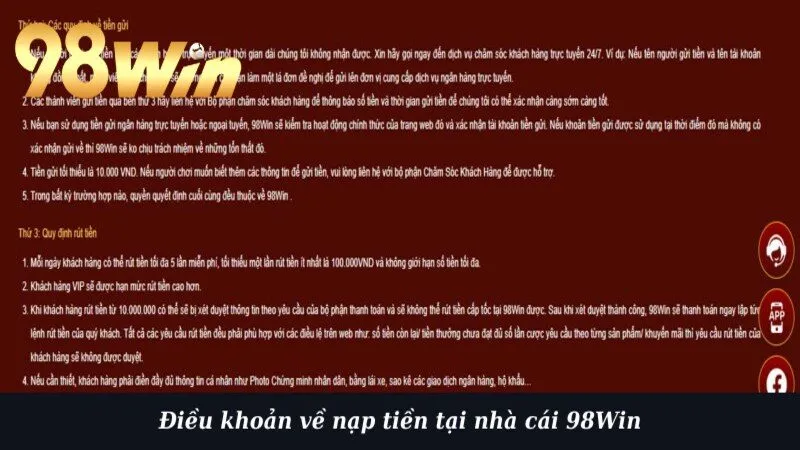 Điều khoản về nạp tiền tại nhà cái 98Win