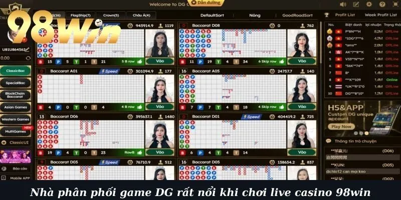 Nhà phân phối game DG rất nổi khi chơi live casino 98win